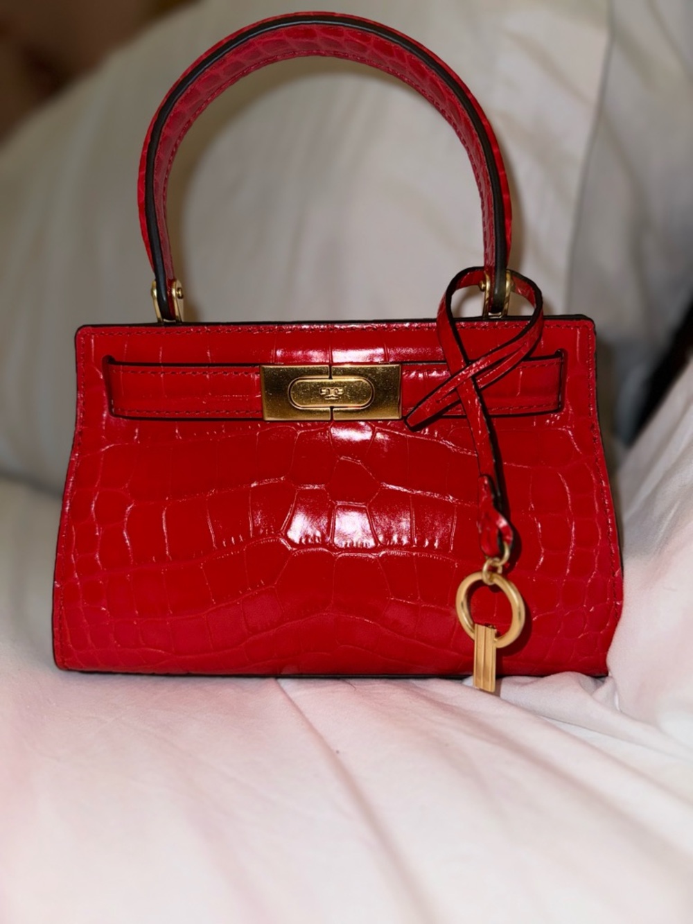 Tory Burch Red Croc-Embossed Mini Lee Radziwell with Gold Hardware